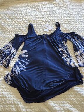 Cold-Shoulder Tie-Dye Navy Blue Women's Top
